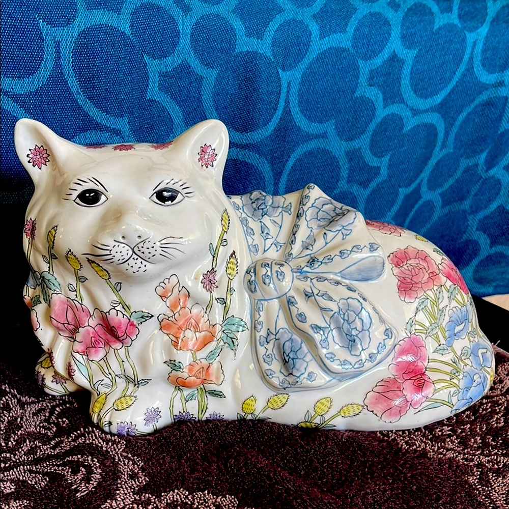 Vintage large Floral Ceramic Cat Figurine